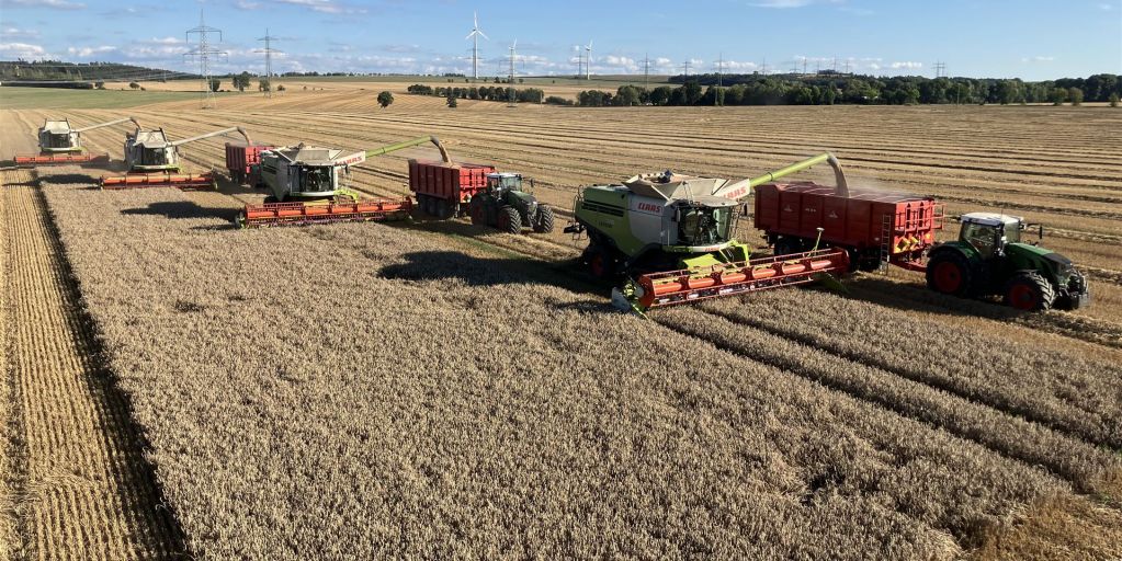 viele Mähdrcher und Trecker fahren parallel zur Getreideernte auf Feld